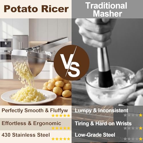 15oz Potato Ricer with 4 Plates - Heavy Duty Stainless Steel Masher for Silky or Chunky Potatoes, Carrots & Baby Food,Dishwasher Safe,Home Essentials,Supplies