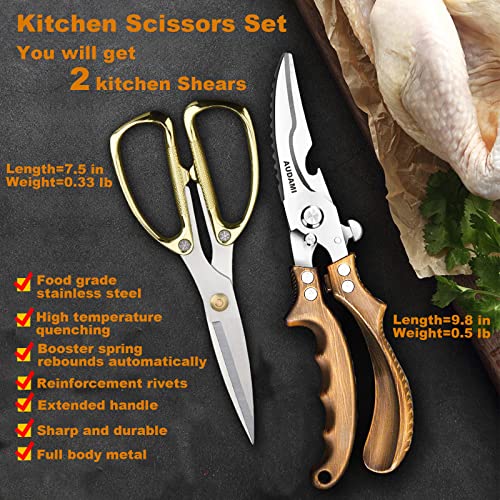 Premium Kitchen Shears 2-Pack Heavy Duty Poultry & Meat Scissors, Bone Shears for Cooking - color: Bronze+golden