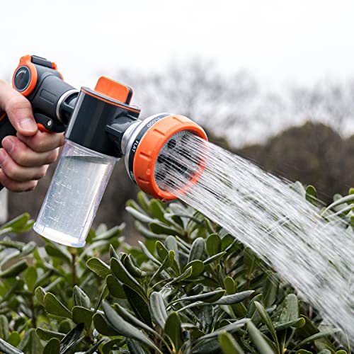Garden Hose Nozzle,8 Patterns Hose Sprayer High Pressure,Heavy Duty Dog Wash,Metal Water Hose Nozzle with Soap Dispenser,Car Wash Foam Gun With Pets Things - color: Orange