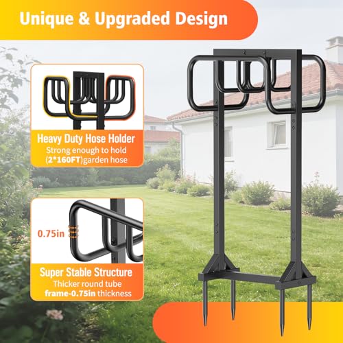 HeroicLion Garden Hose Holder Holds 2 x 160FT Hoses, Super Stable Water Hose Holders with 4 Spikes, Rustproof Freestanding Hose Stand Hanger Garden Hose Storage for Outside Yard Lawn Farm, Black - color: Black-39.8 inch Height