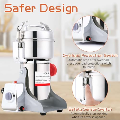 BI-DTOOL Electric Grain Mill Grinder 800g Stainless Steel Pulverizer 36000r/min High-speed Grain Mill 1800W Dry Material Grinding Machine 270° swingable Superfine powder for Home and Commercial - size: 800G