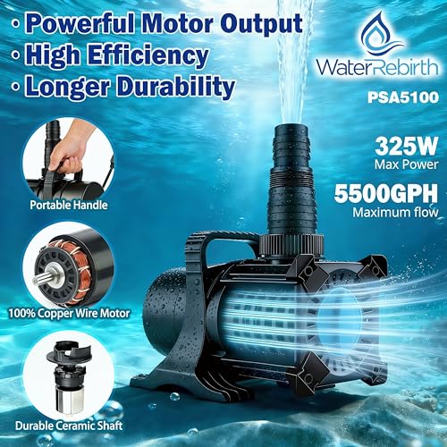 WaterRebirth Pond Pump, 5500GPH 325W Adjustable Flow Submersible Water Pump 18.7ft Max Lift, Copper Motor IPX8 Waterproof for Koi Pond, Waterfall, Fountain, Irrigation & Drainage - size: 5100GPH