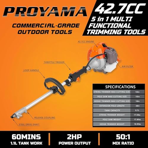 PROYAMA 42.7cc 5 in 1 Gas Powered Hedge Trimmer, Weed Eater, Pole Saw
