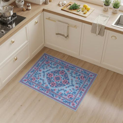3'x5' Pink Blue Chinoiserie Floral Medallion Washable Throw Rug - color: Blue/Pattern 10, size: 3' x 5' (Rectangular)