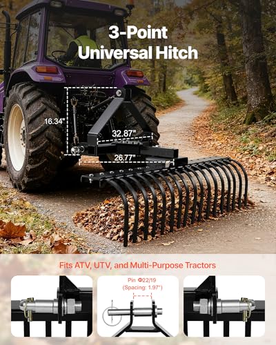 VEVOR 50 in Lanscape Rock Rake, 3-Point Tow Behind Landscape Rake with 17 Steel Tines, Fit Category 1 Tractors, Angle Adjustable, Heavy Duty Lawn Dethatcher Rake for Grass Branch Debris - style: 50" Dethatcher with 3-Point Attachments