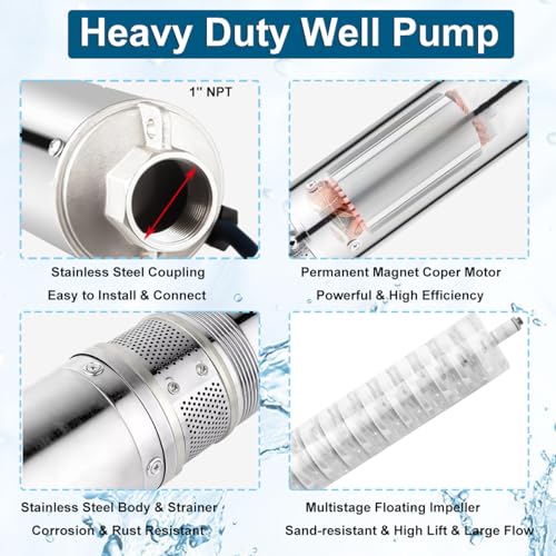 iMeshbean Submersible Deep Well Pump, 2.5" OD, 1HP 220V Stainless Steel, 13GPM Flow & 311FT Max Lift, 50FT Power Cord, Heavy Duty 26 Impellers - size: 2.5"-1HP-220V + Control Box