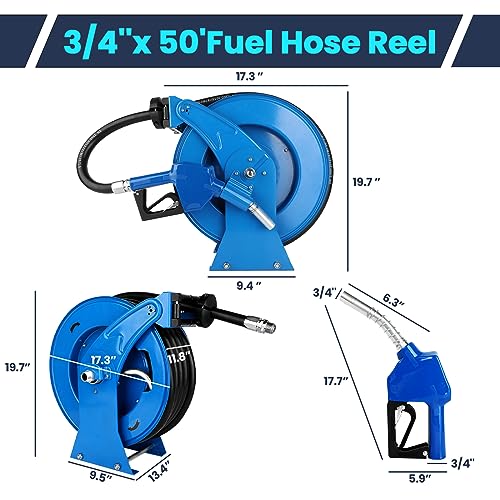 Diesel Fuel Hose Reel Blue, Heavy Duty Retractable 3/4" x 50ft Hose Reel with Automatic Shut Off 3/4 Fuel Nozzle Spring Driven Auto Swivel 300PSI Fuel Line Hose for Tank Truck Trailer Boat