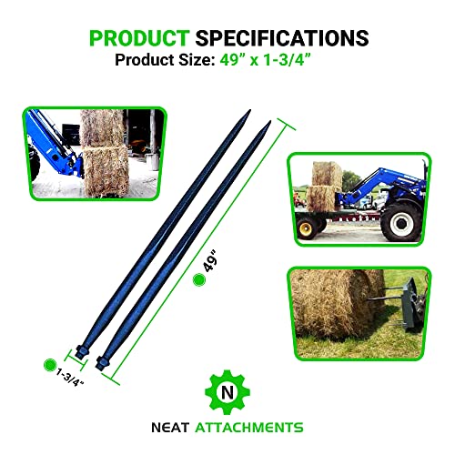 49" Hay Bale Spear 3000 LBs Capacity, C-2 Bale Spike Square Tapered Forged - 1 3/4" Conus 2, Bale Hay Spike with Hex Nut