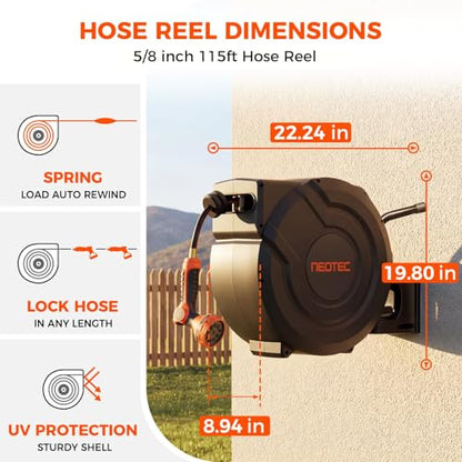5/8 inch 115 ft Retractable Garden Hose Reel Any Length Lock 9 Sprayer Nozzle Automatic Slow Return Heavy Duty 180° Swivel Wall-Mounted Water Hose Reels for Outside UV Resistant