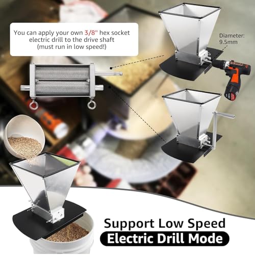 MRbrew Metal Base Malt Crusher, Homebrew Stainless Steel Adjustable 2 Bearing Roller Low Speed Electric Drill Available Brewing Beer Grain Malt Mill Wheat Barley Grinder with Manual Crank Handle | Stainless Steel Grinder Mill with Adjustable 2 Bearing Rol
