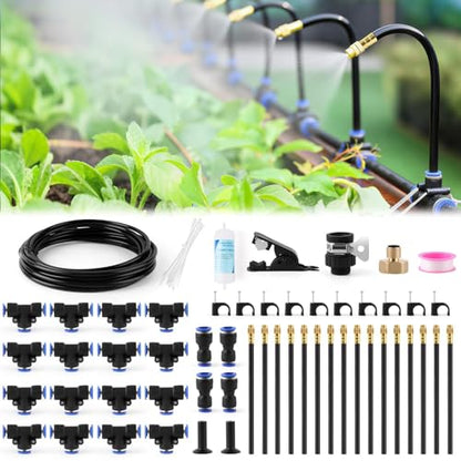 Kalolary 1/4" Drip Irrigation System, Garden Watering System with 16pcs Adjustable Copper Nozzles Automatic Atomizing Watering Sprinkler System for Yard Lawn Outdoor Irrigation