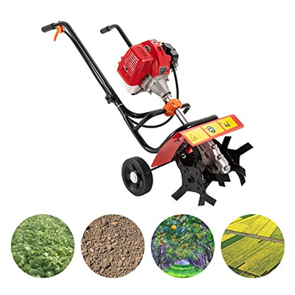 52CC Tiller Cultivator, 2-Stroke Mini Gas Powered Rototiller with Wheels, 6500RPM Garden Tiller for Soil Cultivation, Weeding & Lawn Care, 36cm Tilling Width