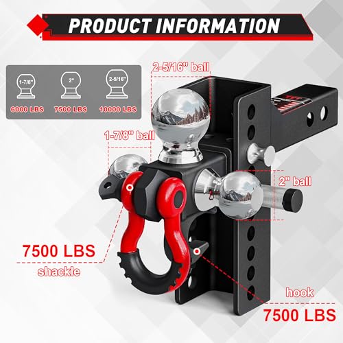 TYT Adjustable 5-in-1 Tri-Ball Hitch Ball Mount for 2-Inch Receiver - size: Adjustable Tri-Ball with Hook & Shackle