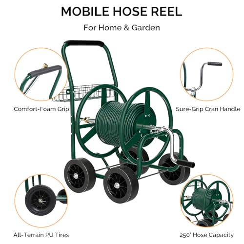VINGLI 4-Wheel Garden Hose Reel Cart with Storage Basket, Portable Residential Hose Reel Cart, Lawn Watering, for Garden Backyard and Farm (Green 250FT) - color: Green 250ft- 4 Wheel