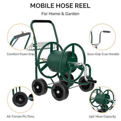 VINGLI 4-Wheel Garden Hose Reel Cart with Storage Basket, Portable Residential Hose Reel Cart, Lawn Watering, for Garden Backyard and Farm (Green 250FT) - color: Green 250ft- 4 Wheel