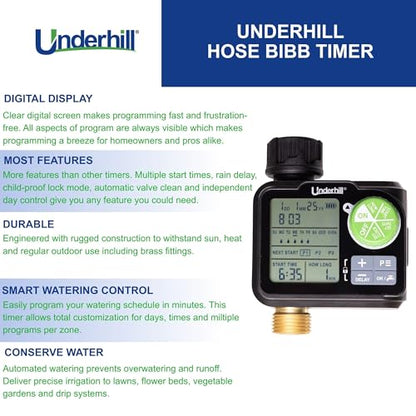 Underhill AquaZone Digital Hose Timer – Automatic Garden Water Timer with LCD Display, Programmable Irrigation Controller for Sprinklers, Drip Systems & Garden Hose Faucets - color: Black