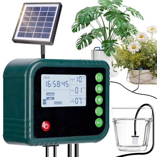 Solar Automatic Drip Irrigation Kit System,Automatic Plant Watering Devices Programmable Water Timer,LED Display for 15 Potted Plants Outdoor Indoor Garden Balcony Vacation
