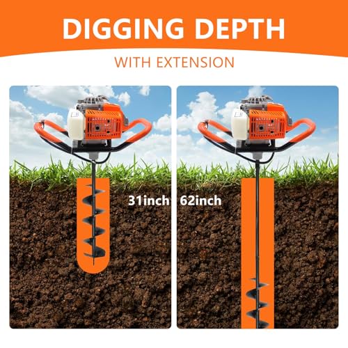 72CC 2-Stroke Gas Powered Post Hole Digger with 6" & 8" Auger Bits + Extension Rod - Heavy-Duty Earth Auger for Farm, Garden, Landscaping (Orange) (72CC + Auger(6" & 8"))