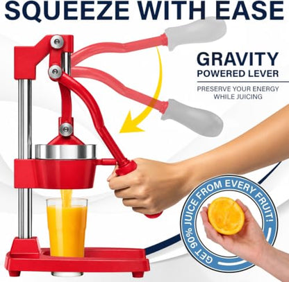 Eurolux Ultra-Premium Cast Iron Juicer | Extra-Large, Heavy Duty, Commercial Grade, Stainless Steel Manual Hand Press Citrus Squeezer For Fresh Orange Juice, Pomegranate, Lemon, and Much More (Red) - color: Red