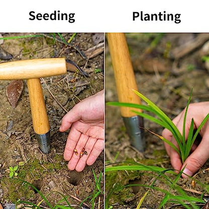 FLORA GUARD Garden Dibber Tool, Steel Seed Planter with Wood Handle