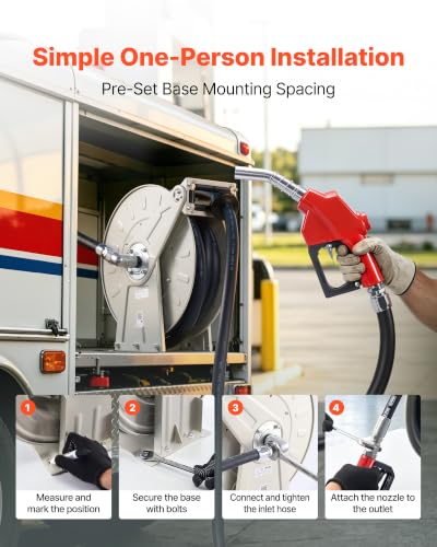 VEVOR Fuel Hose Reel, 1" x 33', Extra Long Retractable Diesel Hose Reel, Heavy-Duty Carbon Steel Construction with Automatic Fuel Nozzle, NBR Rubber Hose for Aircraft Ship Vehicle Tank Truck, 300 PSI - size: 1" x 33'