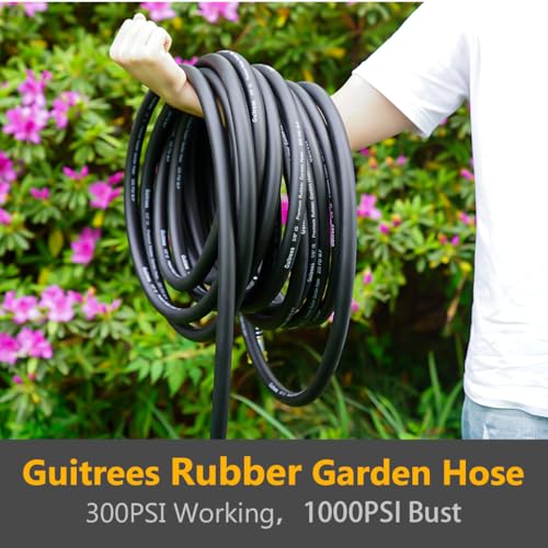 Guitrees Garden Hose 150FT x 3/4”, Heavy Duty Rubber Hose, Water Hose with Five Layered Braiding, Male Female Fittings, 1000PSI Burst, 300PSI Working (Black) - color: Black, size: 3/4 150FT Male to Female