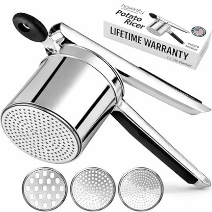Large 15oz Potato Ricer with 3 Discs - Heavy Duty Stainless Steel Potato Masher and Ricer for Mashed Potatoes | Non Slip Baby Food Squeezer, Kitchen Gadget Tool for Food Press & Food Mill - size: Three Discs