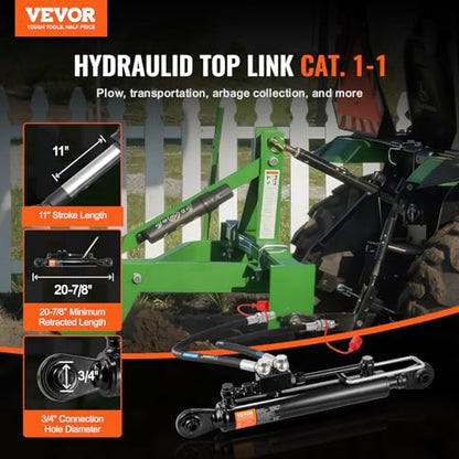 VEVOR Hydraulic Top Link Cat.1-1 (11 in, 20-7/8~31-7/8 in), Hydraulic Cylinder with 2 Hoses & G3/8" Check Valve | for Category 1 Tractors and 3-Point Hitch Implements, with 2 Hydraulic Hoses and G3/8 in Check Valve for Top Link Adjustment - style: Cat1-1(