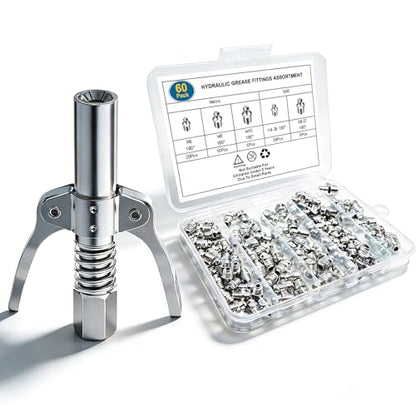 60Pcs Zerk Grease Fittings Kit with Grease Gun Coupler, Metric & SAE Sizes