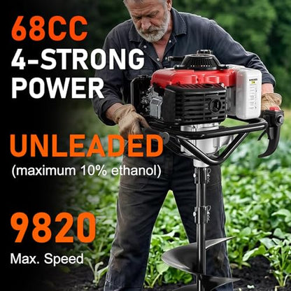 68CC Gas Powered Post Hole Digger, 4 Stroke Auger with 6&8 Inch Bits - color: Red 68cc+2 Auger(6"/8")