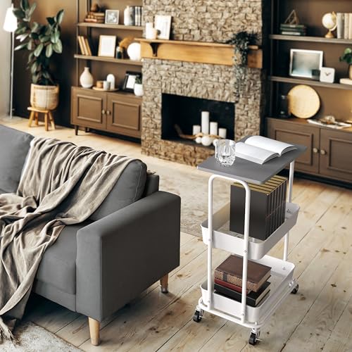 Simple Houseware 2-Tier Rolling Utility Cart Wood Top/Lockable Wheel, Gray - color: Grey