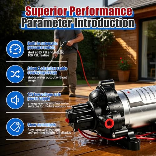 8000-543-238 12V DC Self-Priming Diaphragm Pump,100PSI 1.8GPM High Pressure Water Pump,Auto Pressure Switch,Dry Run Protection,for RV,Marine, Agricultural Spraying & Fluid Transfer