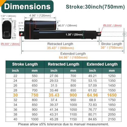 JQDML 30 Inch Stroke Linear Actuator 12V 440 lbs Heavy Duty IP65 Waterproof - size: 30"