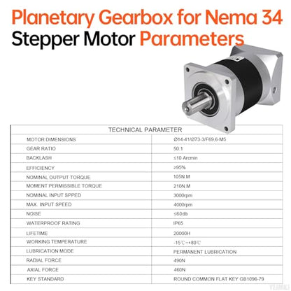 Ratio 50:1 Planetary Gearbox for Nema 34 Stepper Motor 85-134mm