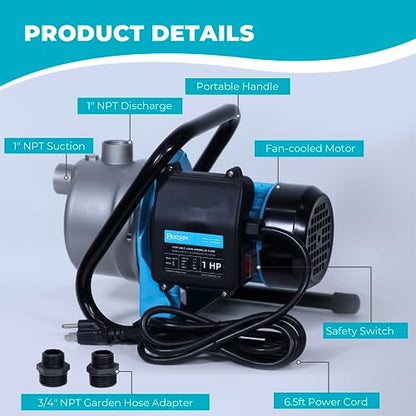 1 HP Portable Shallow Well Pump, Small Water Transfer Garden Pump, 980GPH Sprinkler Booster Electric,115V Self Priming Draining Irrigation for Lawn Fountain - color: 1 Hp Shallow Well Pump