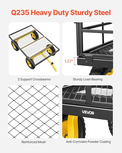 VEVOR Steel Garden Cart, 1200 lbs Heavy Duty Pullable Garden Wagon Yard Cart, 2 in 1 Outdoor Metal Utility Wagon Yard Trailer with 13" All Terrain Tires, Mesh Detachable Sides and 180° Rotating Handle - color: Yellow + Black