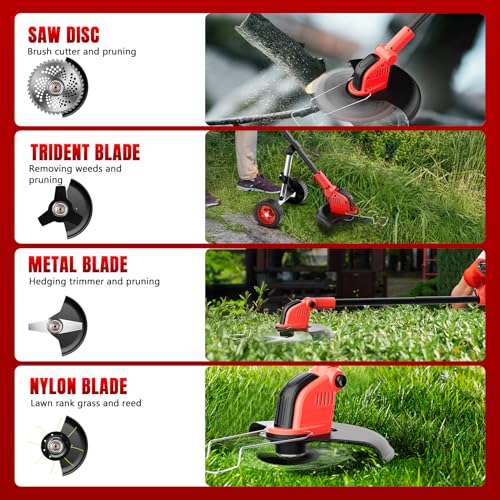 20000 RPM Electric Weed Wacker with Wheel,12″ Brushless Cordless Weed Eater Battery Powered, 4-in-1 Brush Cutter/String Trimmer/Grass Trimmer/Lawn Mower,Edger Stringless Weed Trimmer,5 Blade,2 Battery