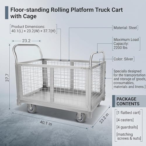 39x24 Inch Foldable Mesh Cage Cart 1800 LBS Heavy Duty 4-Wheel Utility Wagon with Large Capacity Design