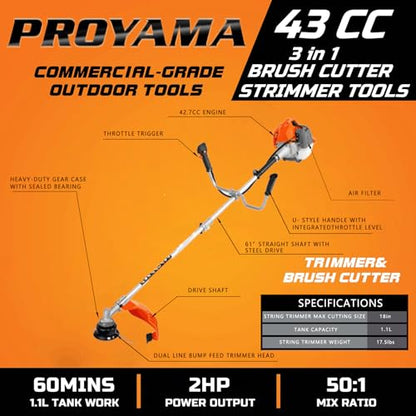 PROYAMA 42.7cc 3 in 1 Gas Powered Weed Eater Wacker Brush Cutter Trimmer - size: 42.7cc