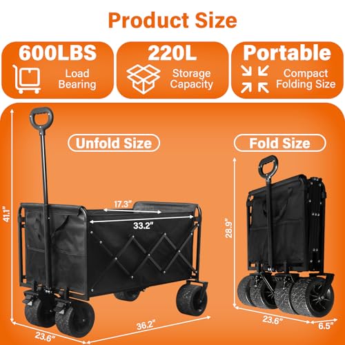 Wagons Cart Foldable, 280 lbs Collapsible Wagon with Wheels for Camping - size: 600LBS