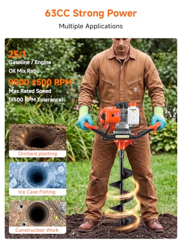 2026 Upgraded 63CC 2-Stroke Gas Powered Earth Auger Post Hole Digger
