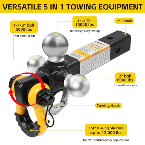 MaxxHaul Tri Ball Hitch with Rotatable Tow Hook and D-Ring Shackle, Fits 2" Receiver, Heavy-Duty Steel, 12,000 lb Capacity, Multi Ball Mount for Towing & Recovery - (51008) - style: Rotatable Tow Hook and D-ring