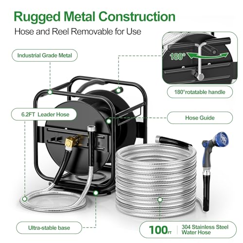SPECILITE Garden Hose Reel With 100Ft Metal Water Pipe, 360° Rotation Frame - size: 100 FT