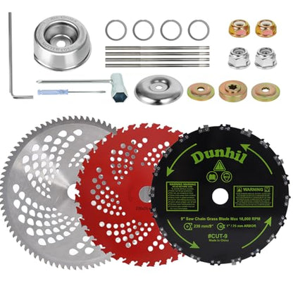 Dunhil Metal Brush Cutter Blade for Weed Eater, Cutter, Trimmer with 2 Set Adapter Kits (3 Pack 9 inch 20T 36T+10 inch 80T) - size: 9 inch 20T + 9 inch 36T + 10 inch 80T