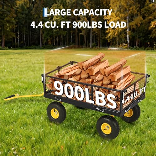 900 Lbs Heavy Duty Steel Garden Cart, Garden Wagon Cart on Wheels, Outdoor Metal Yard Utility Wagon Carts with and Mesh Removable Sides(Convert to Flatbed) and 180°Rotating Handle - color: Black, size: 43.5"D x 20.5"W x 21"H