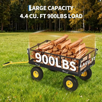 900 Lbs Heavy Duty Steel Garden Cart, Garden Wagon Cart on Wheels, Outdoor Metal Yard Utility Wagon Carts with and Mesh Removable Sides(Convert to Flatbed) and 180°Rotating Handle - color: Black, size: 43.5"D x 20.5"W x 21"H