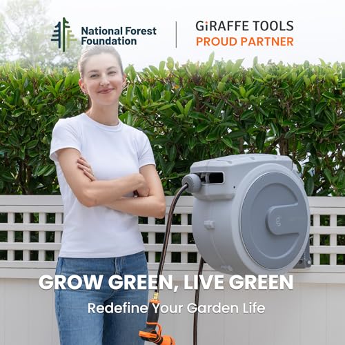 Giraffe Tools Retractable Garden Hose Reel 5/8" 90FT Wall Mount Light Grey - color: Light Grey, size: 5/8'' 90FT