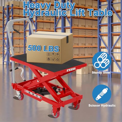 Garvee Single Scissor Hydraulic Lift Table Cart 500 LBS Capacity, Red
