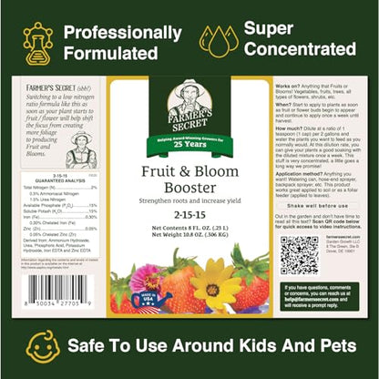 Farmer’s Secret Fruit & Bloom Booster Fertilizer - Super Concentrated - Boosts Flowering and Yield on All Varieties of Fruits, Vegetables and Flowers (8oz) (Pack of 2) - size: 8oz (Pack of 2)