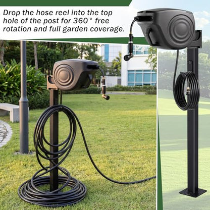 33 Inch Retractable Hose Reel Mounting Post with Multi-functional Hook Heavy Duty Vertical Stand for Garden Outdoor